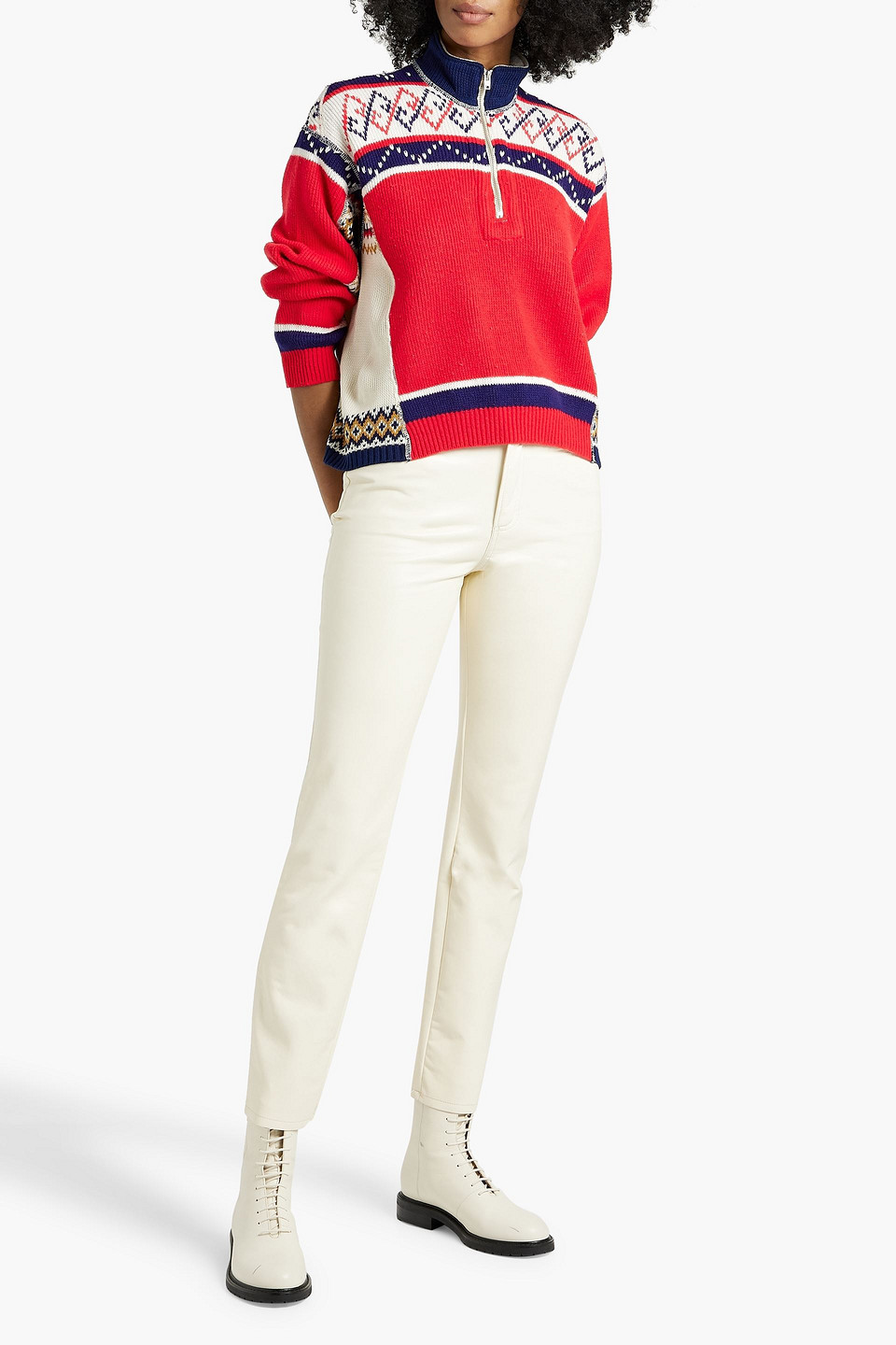Re/done 80s Patchwork-effect Fair Isle Knitted Half-zip Sweater In Red