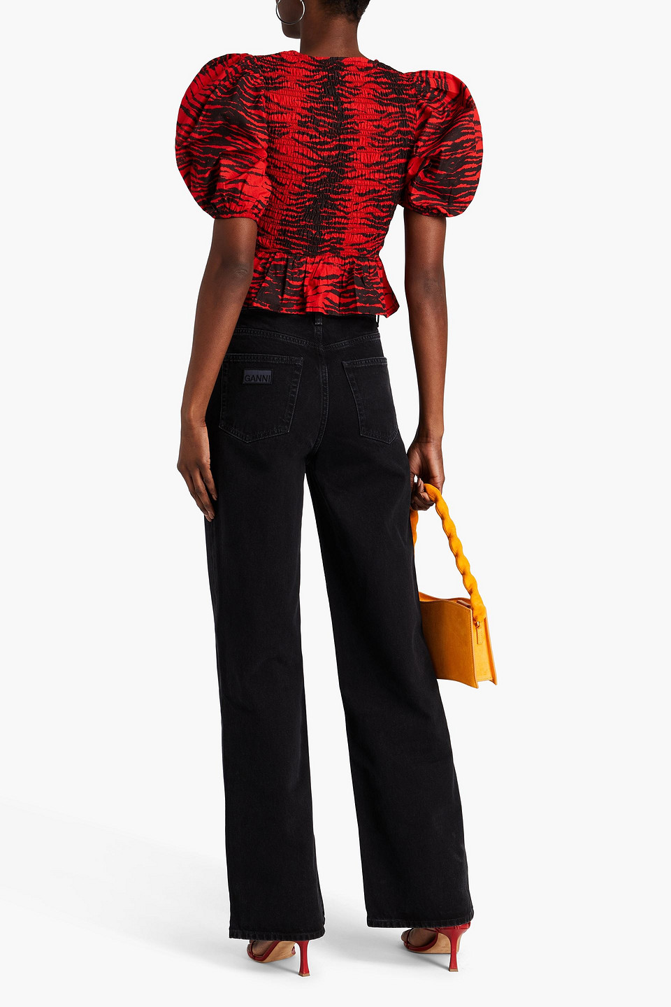 Ganni Shirred Tiger-print Cotton-poplin Peplum Top In Red