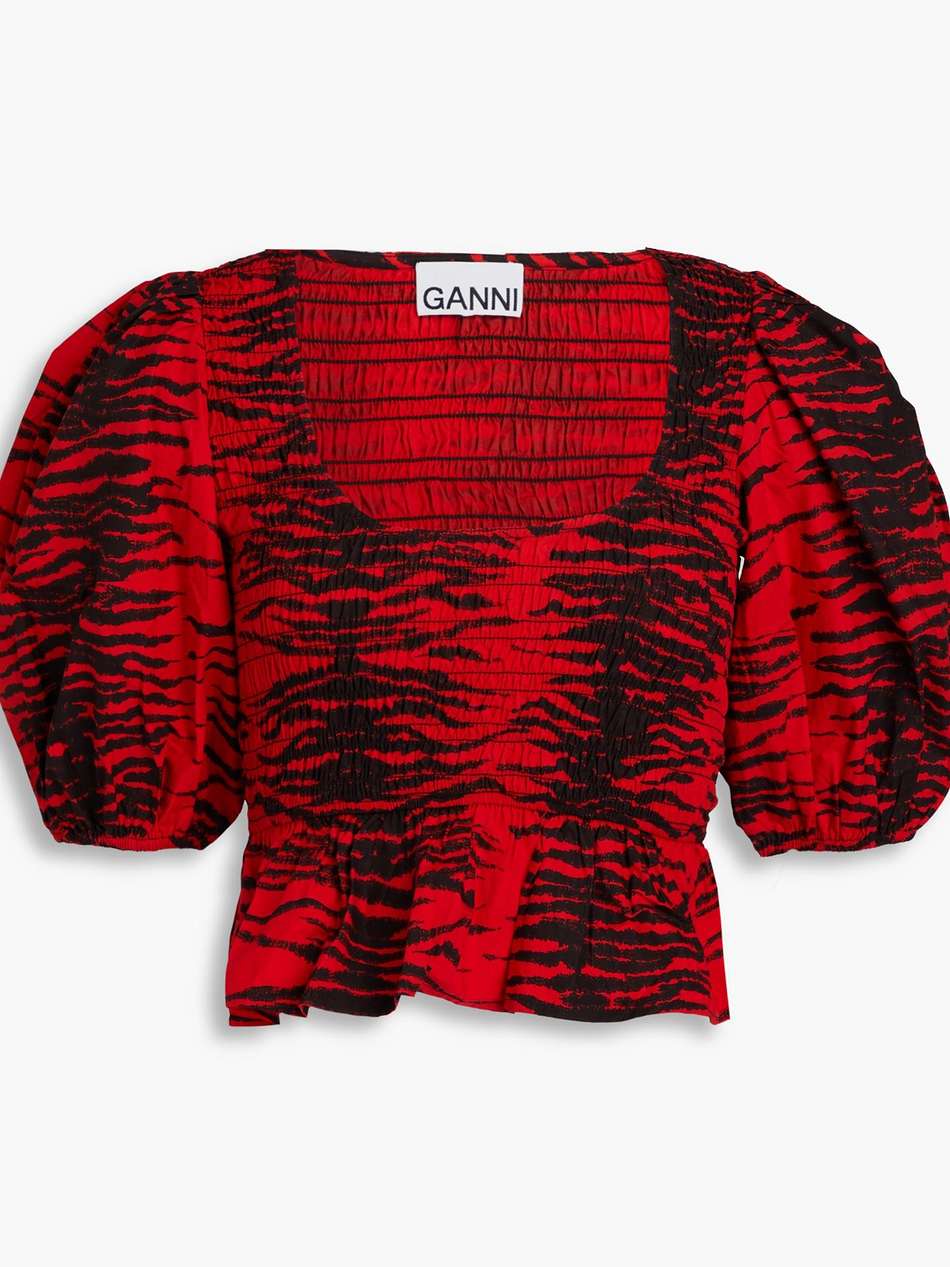 shirred tiger-print cotton-poplin peplum top