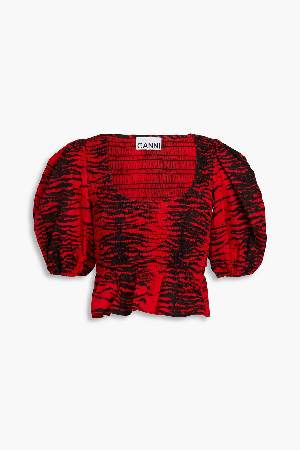 Ganni Shirred Tiger-print Cotton-poplin Peplum Top In Red