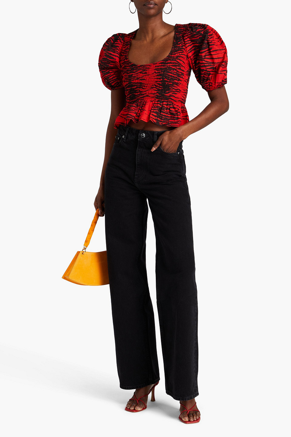 Ganni Shirred Tiger-print Cotton-poplin Peplum Top In Red