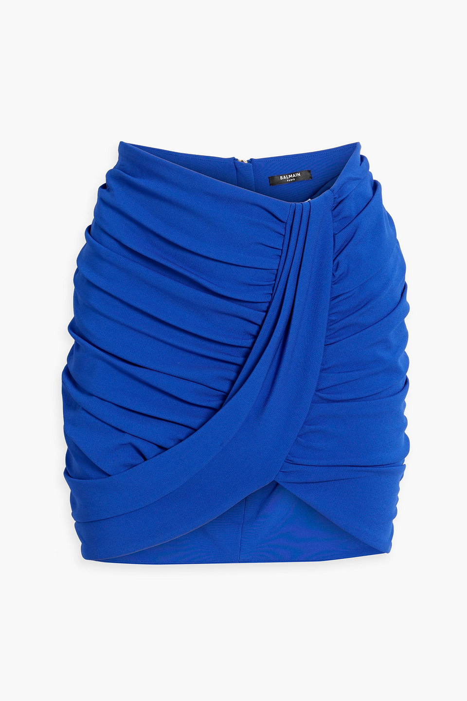 Shop Balmain Ruched Jersey Mini Skirt In Cobalt Blue