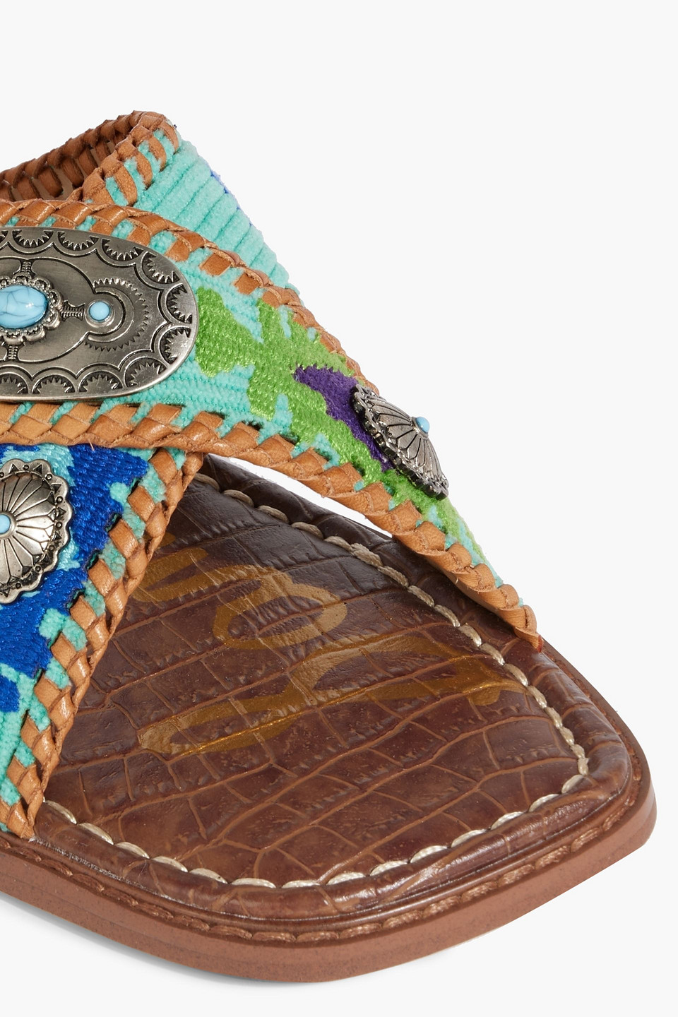 Shop Sam Edelman Hagen Embellished Woven Sandals In Turquoise