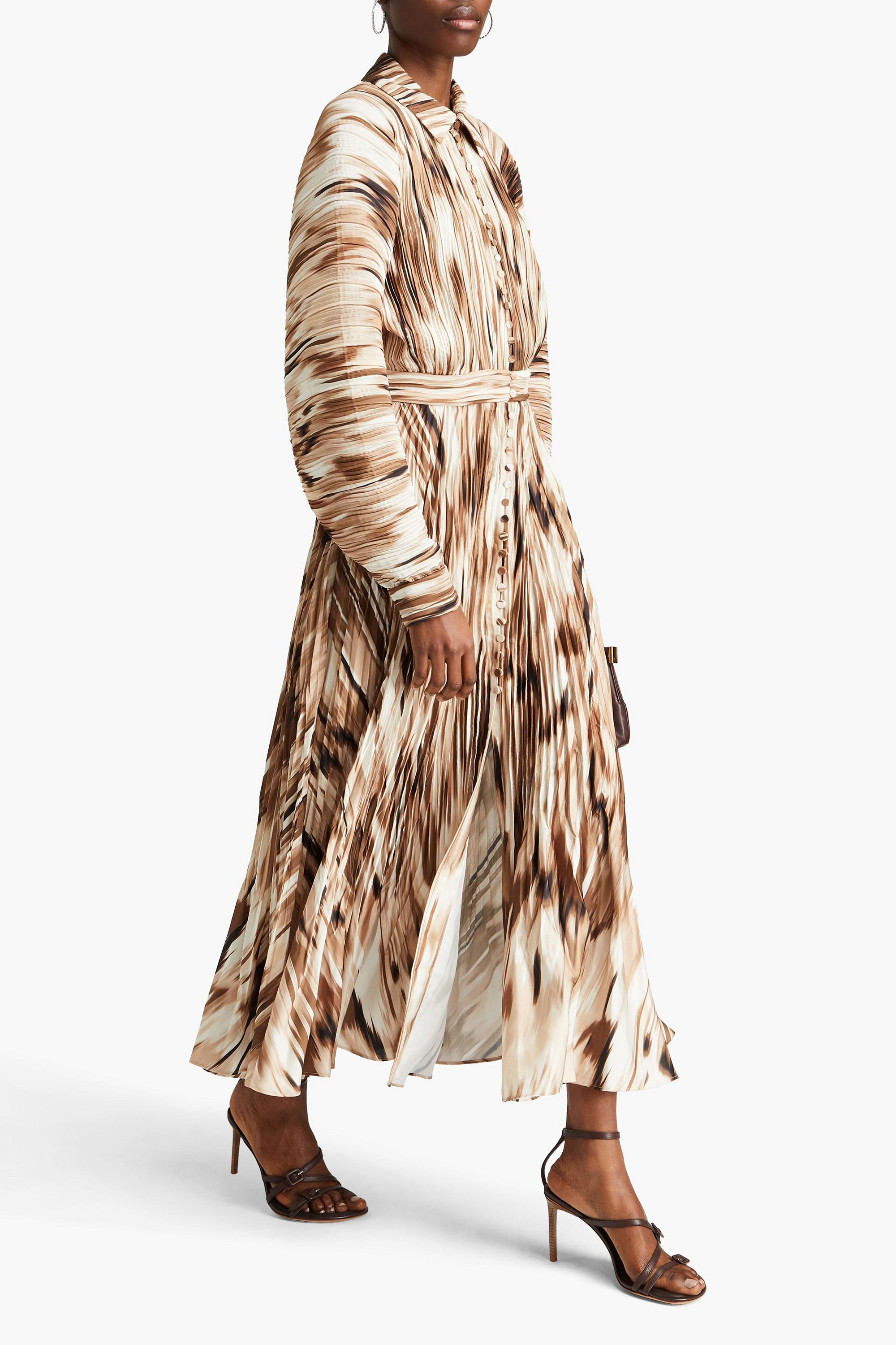 SIMKHAI Indiana printed plissé-satin maxi shirt dress
