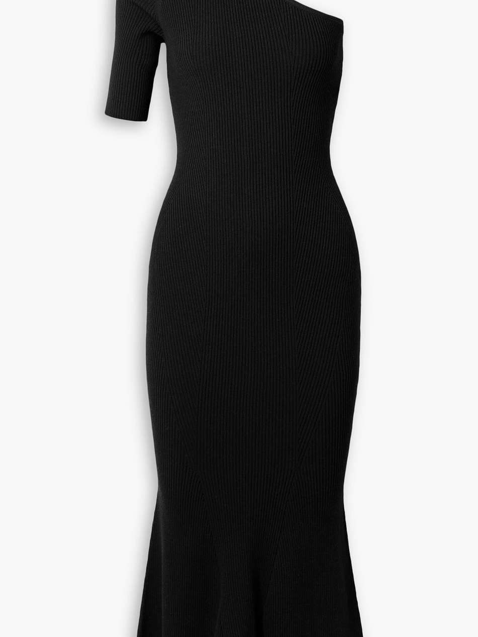 one-shoulder ribbed-knit midi dress