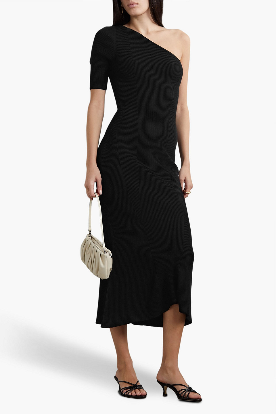 Shop Veronica Beard One-shoulder Ribbed-knit Midi Dress In Black