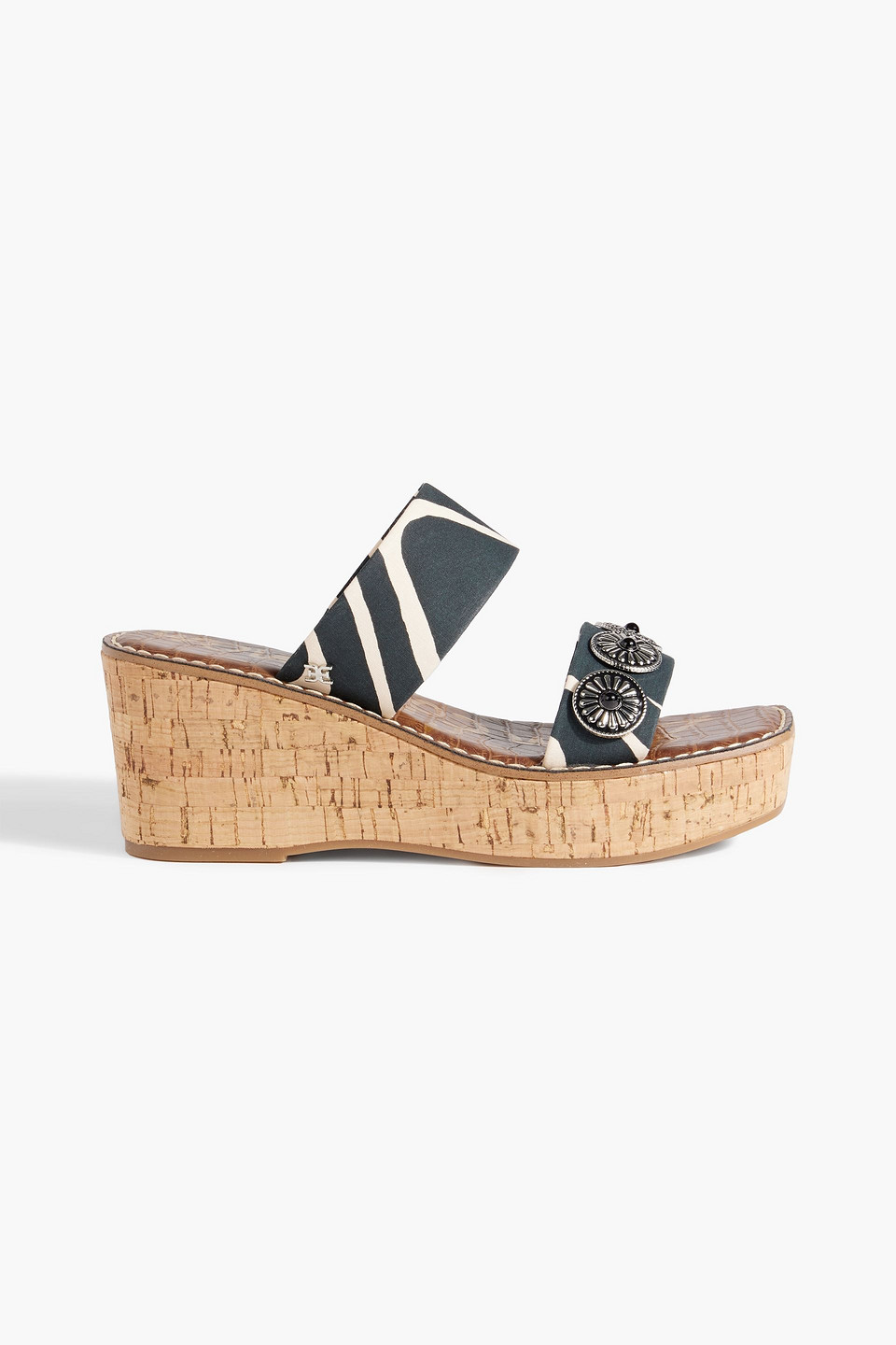 Abril embellished printed linen wedge mules