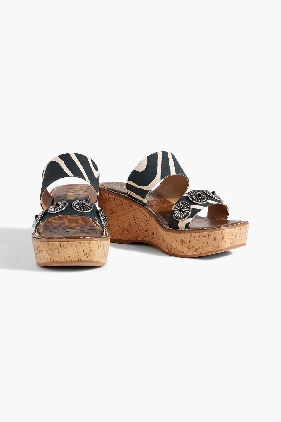 SAM EDELMAN ABRIL EMBELLISHED PRINTED LINEN WEDGE MULES