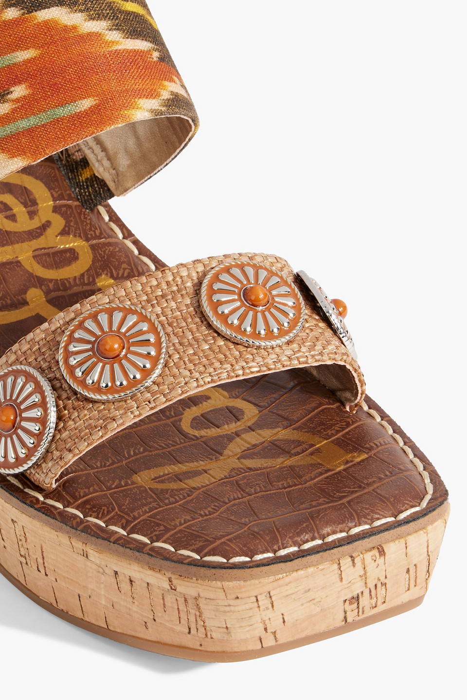 SAM EDELMAN ABRIL EMBELLISHED PRINTED CANVAS AND FAUX RAFFIA WEDGE MULES