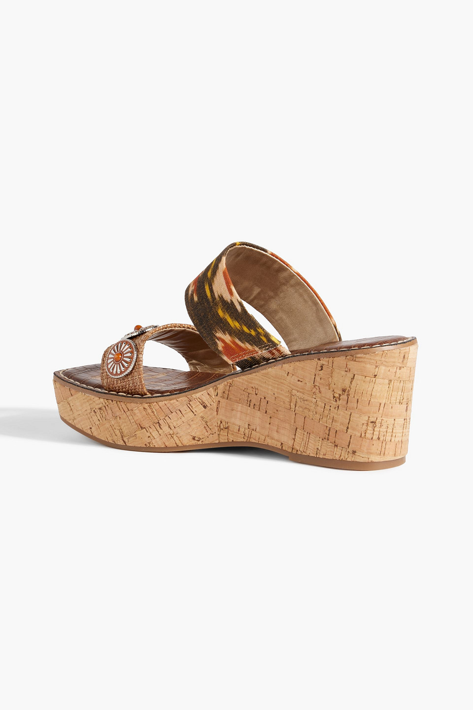 SAM EDELMAN ABRIL EMBELLISHED PRINTED CANVAS AND FAUX RAFFIA WEDGE MULES