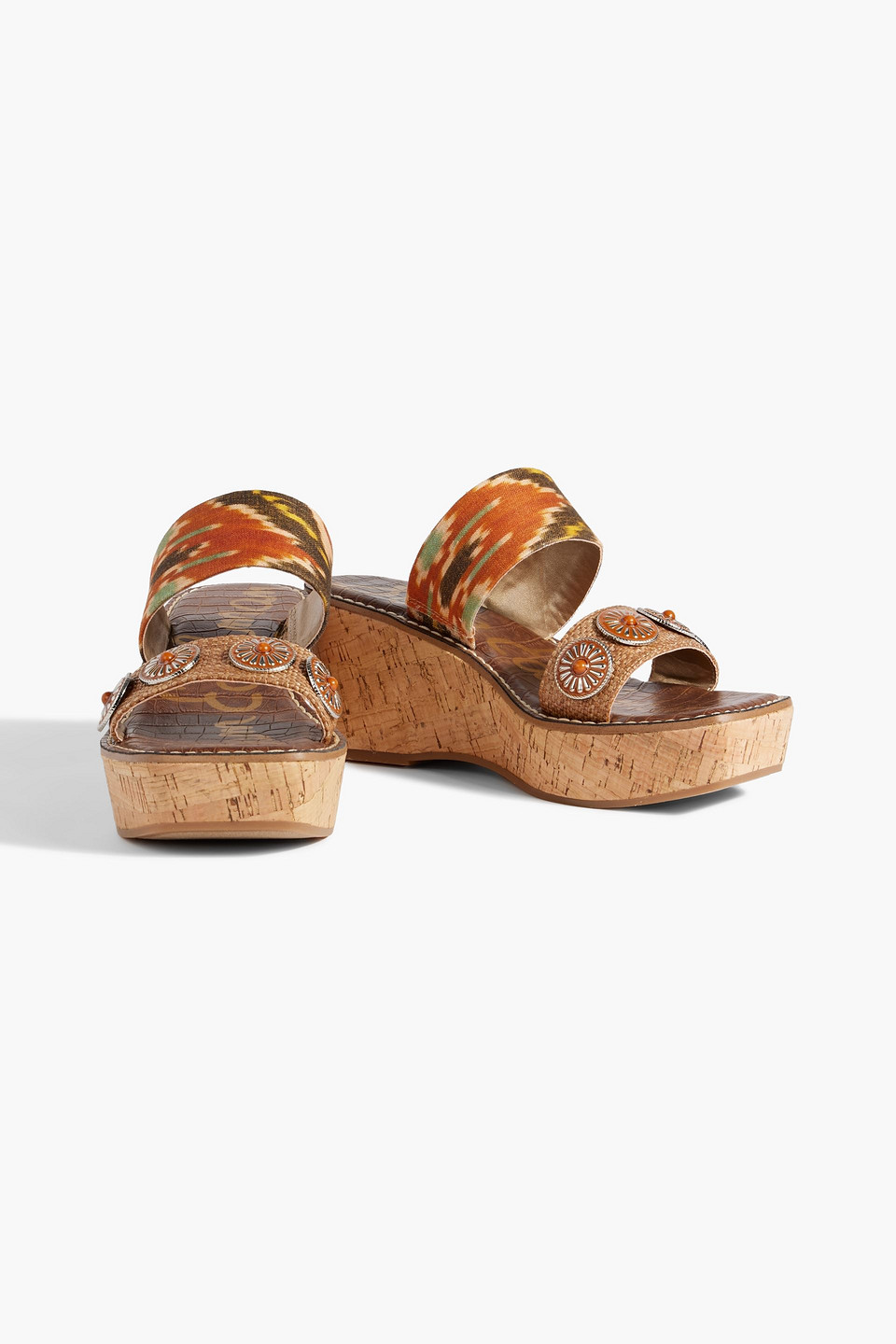 SAM EDELMAN ABRIL EMBELLISHED PRINTED CANVAS AND FAUX RAFFIA WEDGE MULES