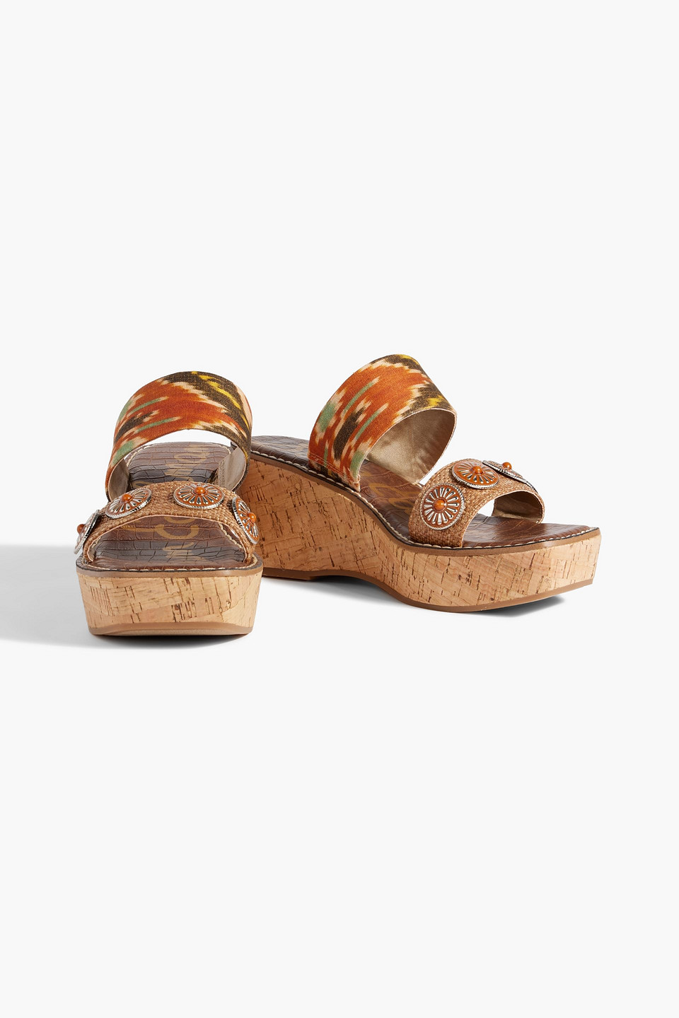 Shop Sam Edelman Abril Embellished Printed Canvas And Faux Raffia Wedge Mules In Tan