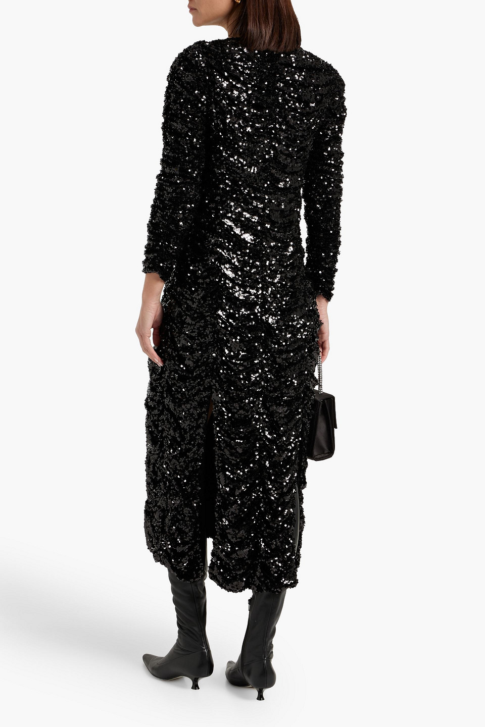 Shop Khaite Lana Ruched Sequined Knitted Midi Dress In Black