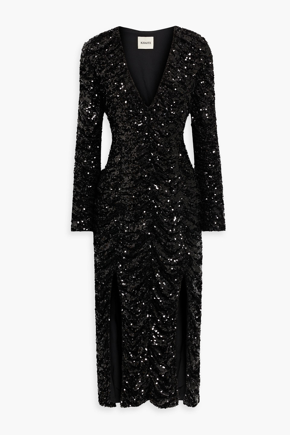 Lana ruched sequined knitted midi dress