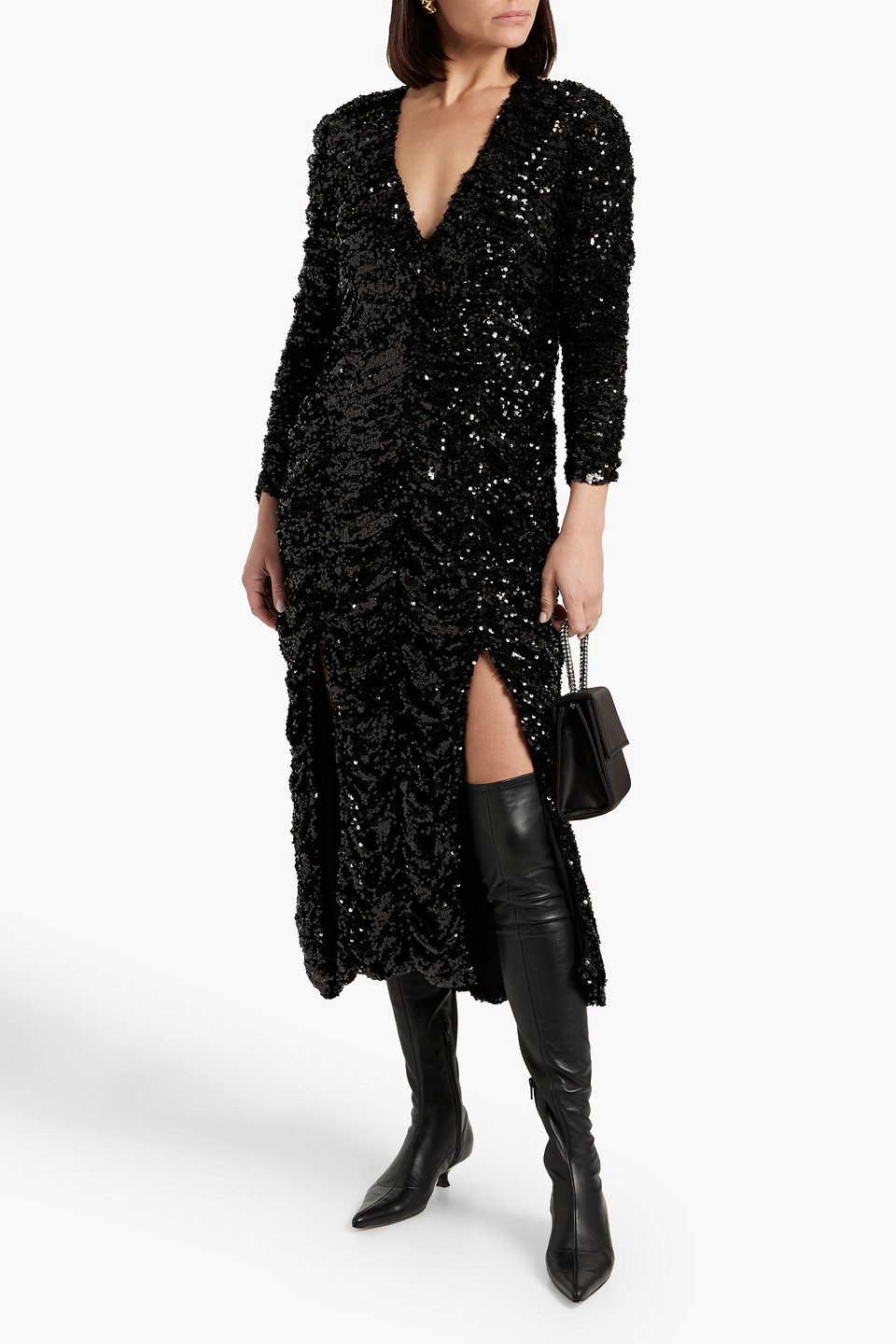 Shop Khaite Lana Ruched Sequined Knitted Midi Dress In Black