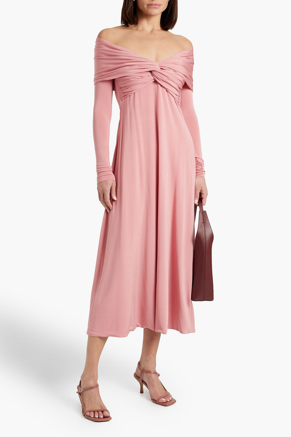 Shop Khaite Cerna Off-the-shoulder Twist-front Jersey Midi Dress In Antique Rose