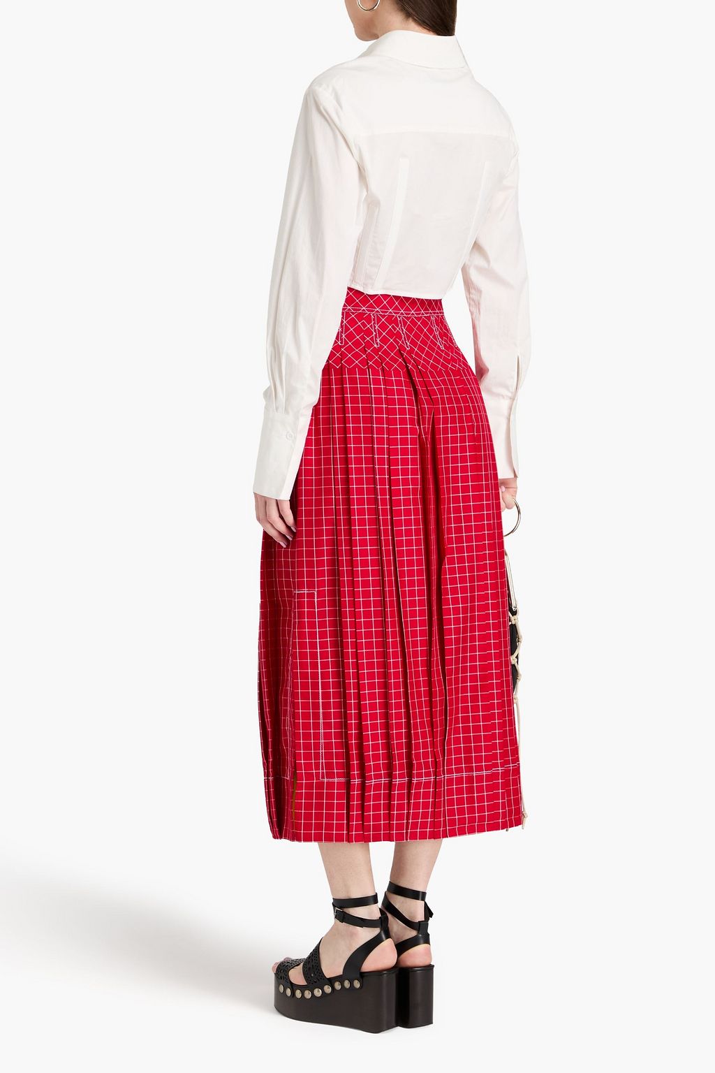 TORY BURCH 체크 실크 플리츠 미디 스커트