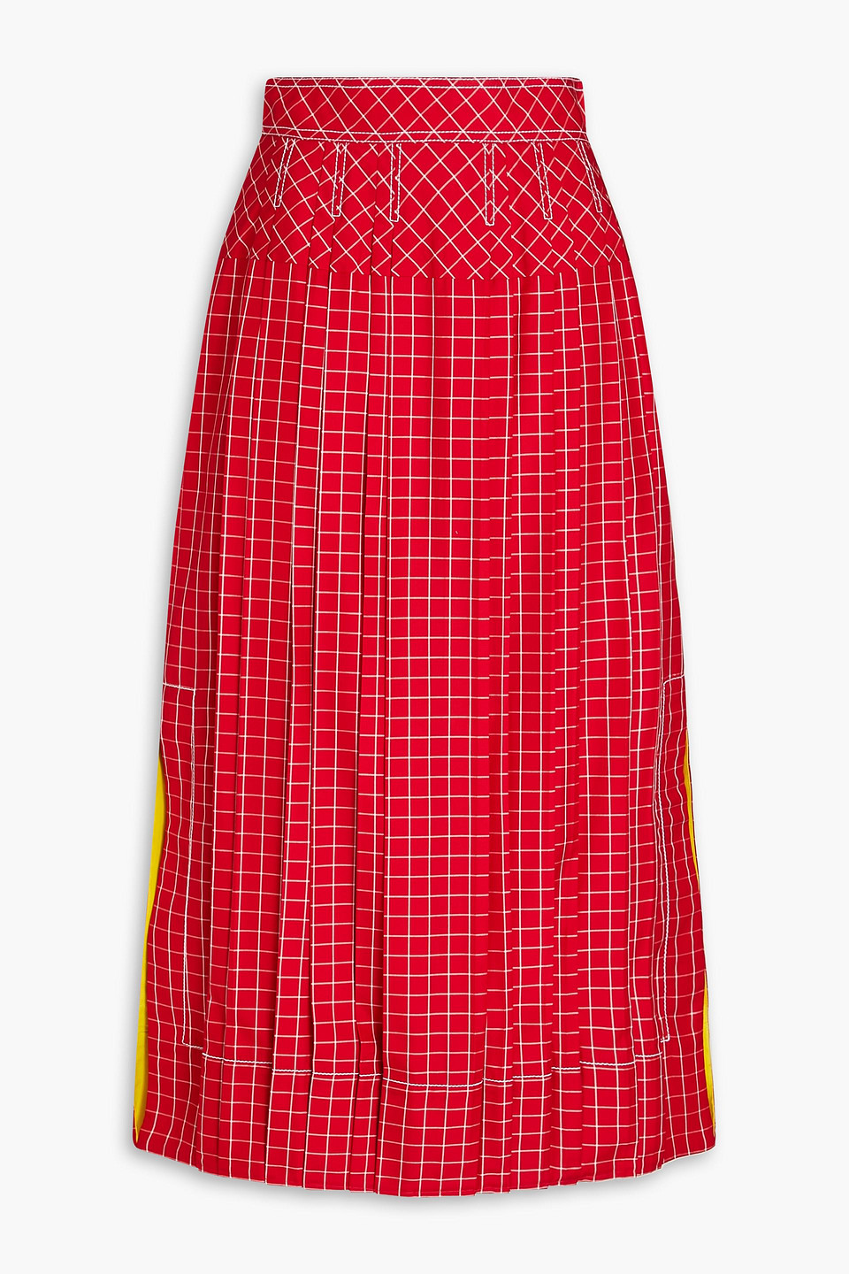 TORY BURCH PLEATED CHECKED SILK MIDI SKIRT
