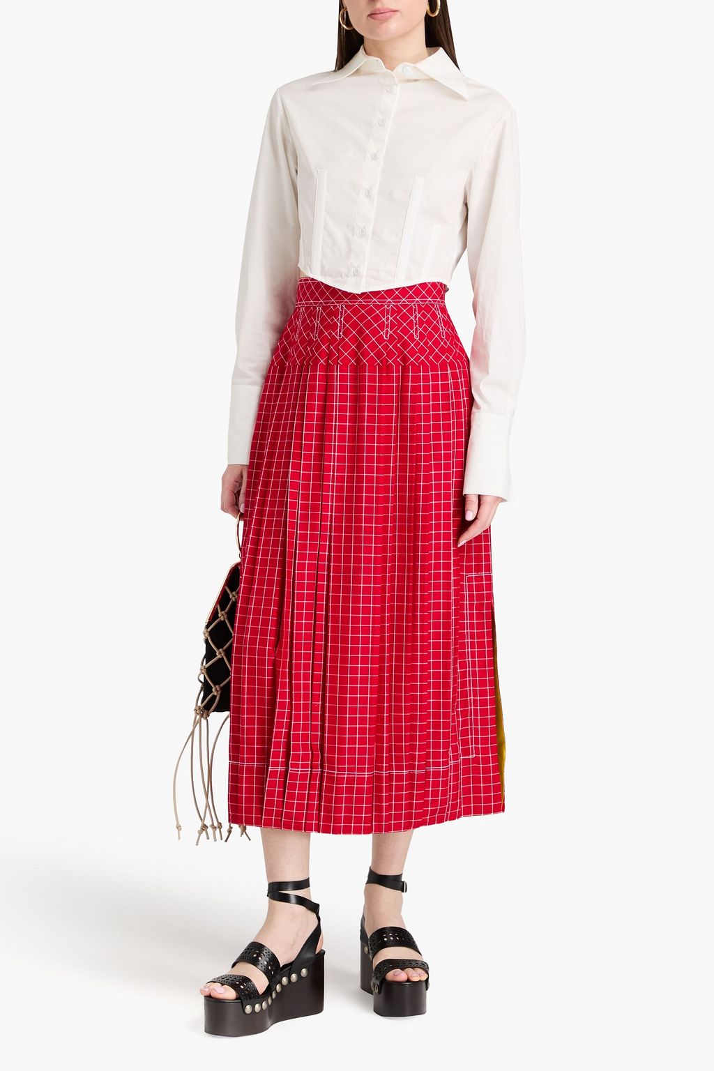 TORY BURCH 체크 실크 플리츠 미디 스커트