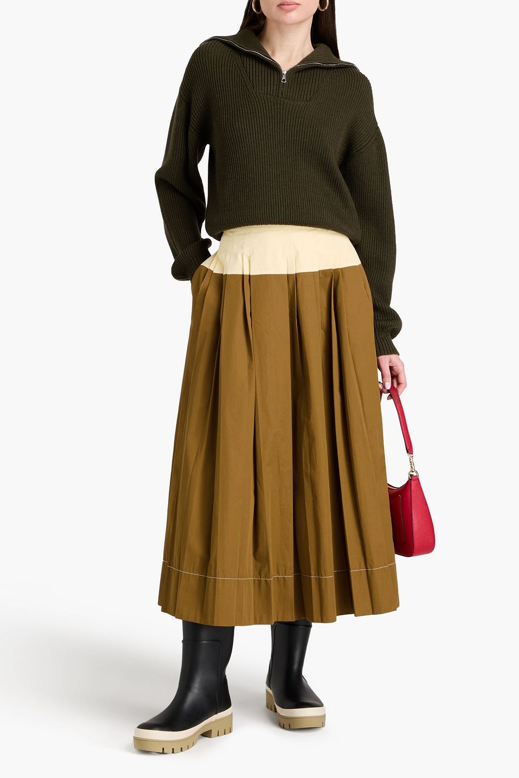 TORY BURCH Zweifarbiger Midirock aus Baumwoll-Twill mit Falten