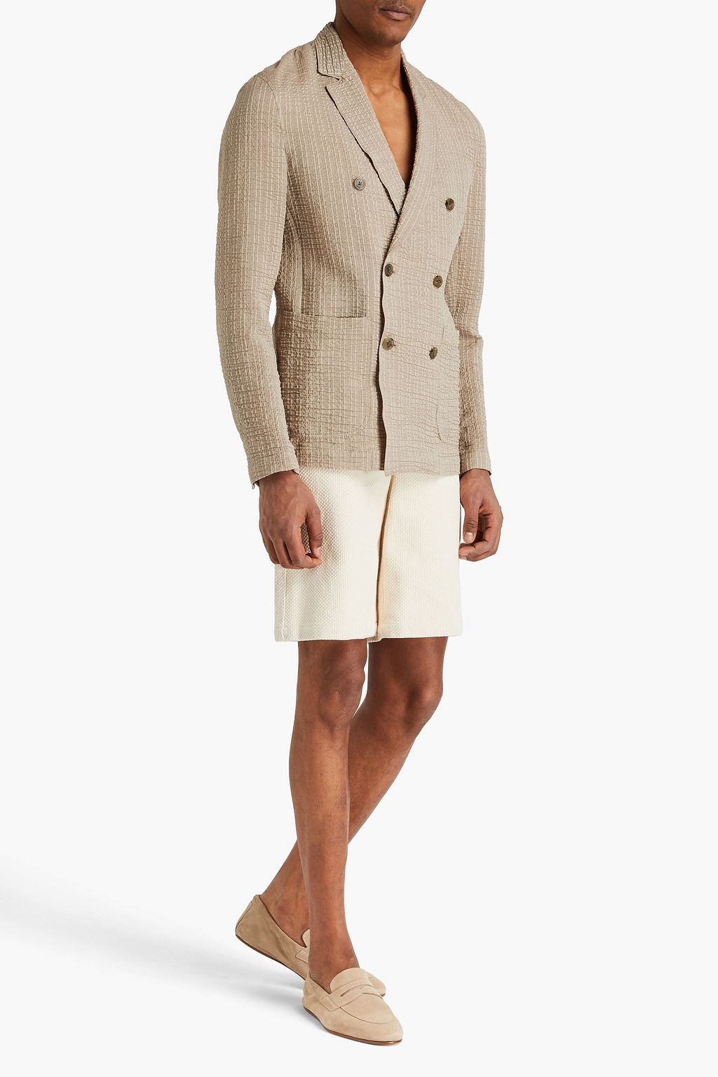 EMPORIO ARMANI Double-breasted cotton-blend seersucker blazer