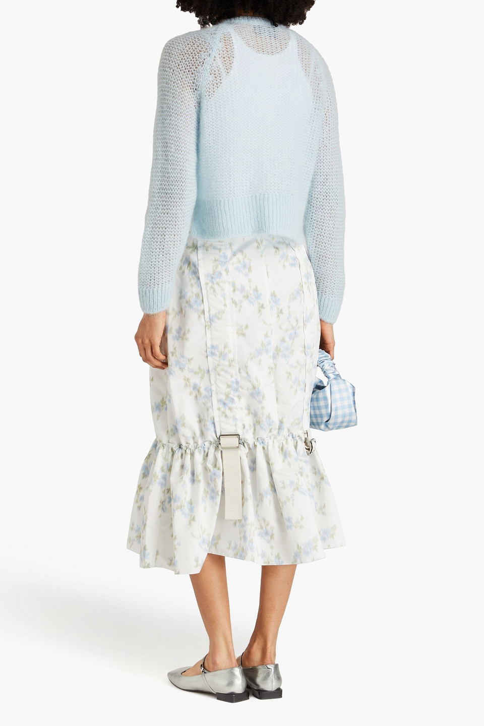 Shop Simone Rocha Buckle-detailed Ruffled Floral-print Taffeta Midi Skirt In Light Blue