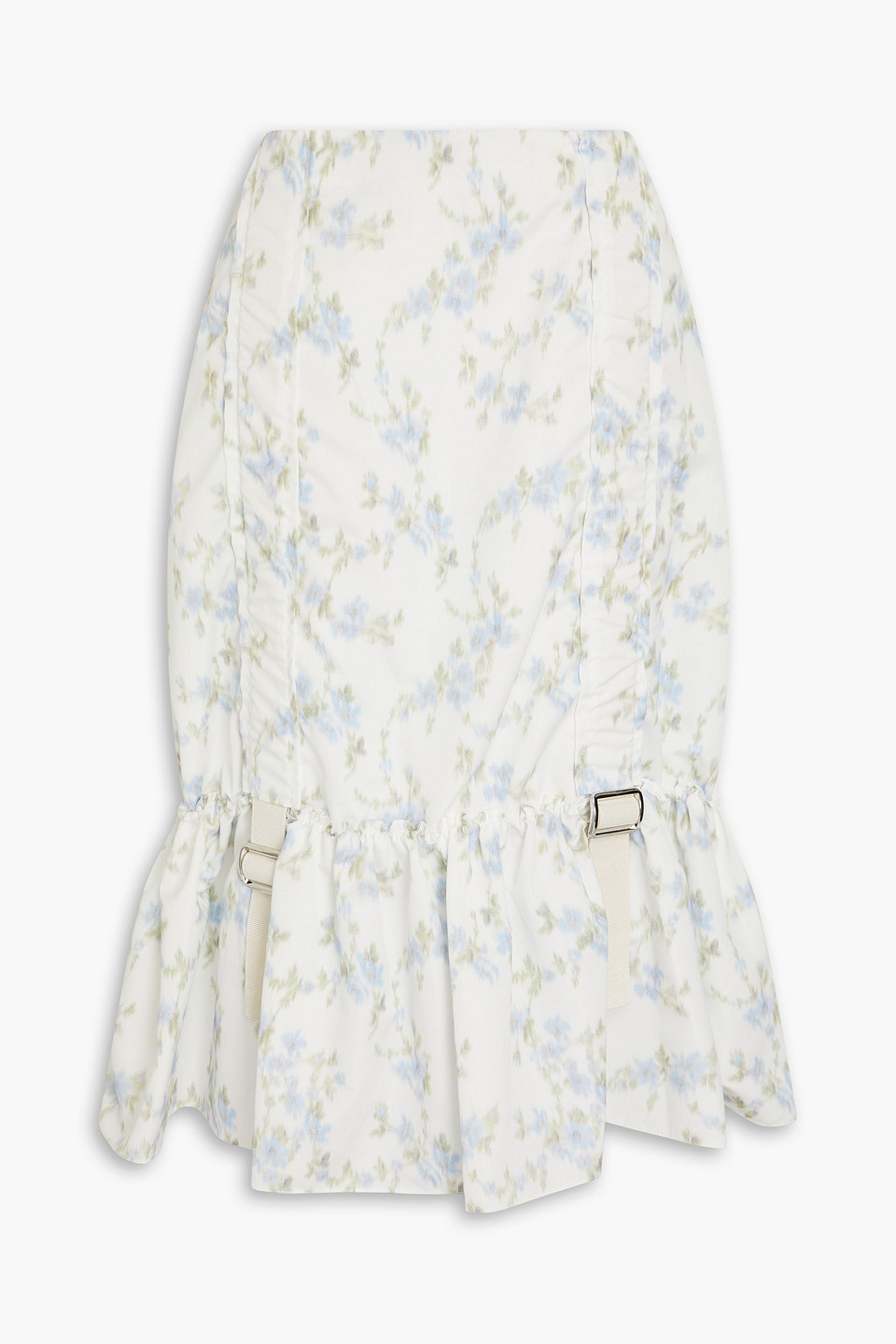 Simone Rocha Buckle-detailed Floral-print Grosgrain Midi Skirt In Light Blue