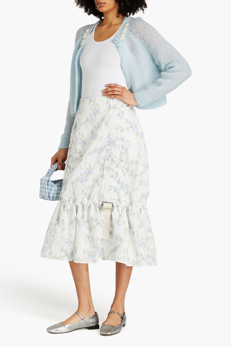 Shop Simone Rocha Buckle-detailed Ruffled Floral-print Taffeta Midi Skirt In Light Blue