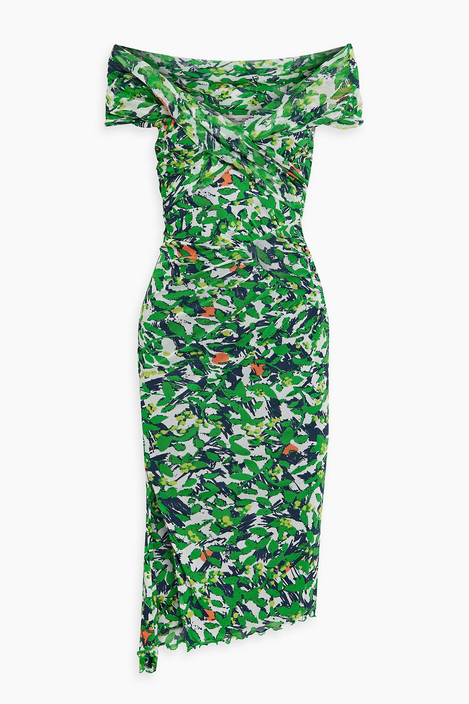 DIANE VON FURSTENBERG LOVINIA OFF-THE-SHOULDER PRINTED STRETCH-MESH MIDI DRESS