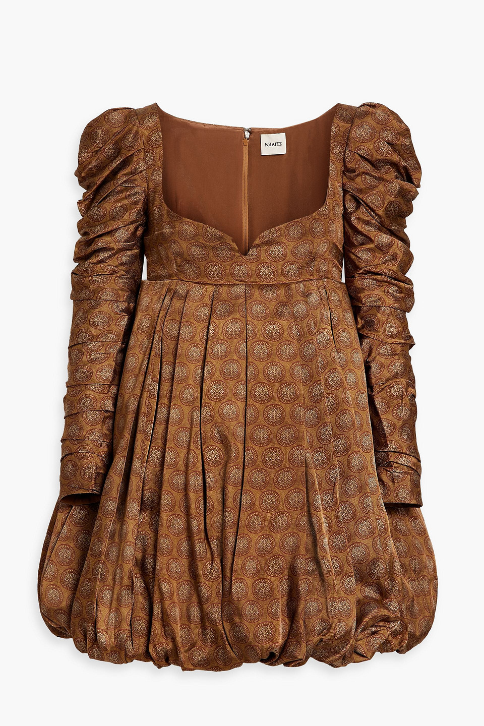 Khaite Katia Pleated Printed Satin Mini Dress In Light Brown