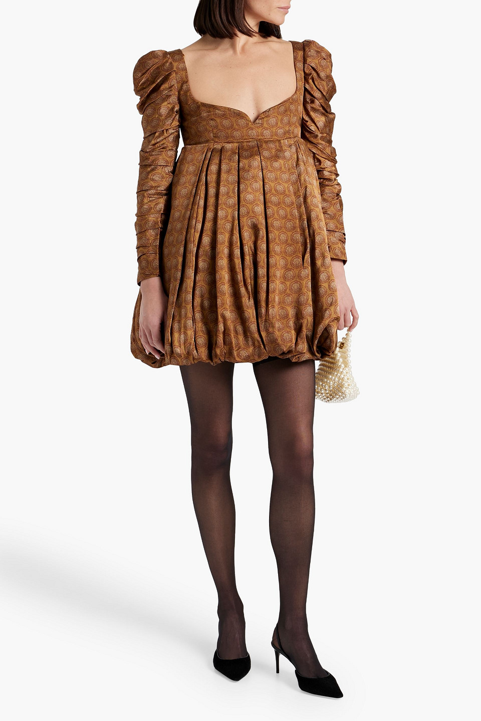 Shop Khaite Katia Pleated Printed Satin Mini Dress In Light Brown