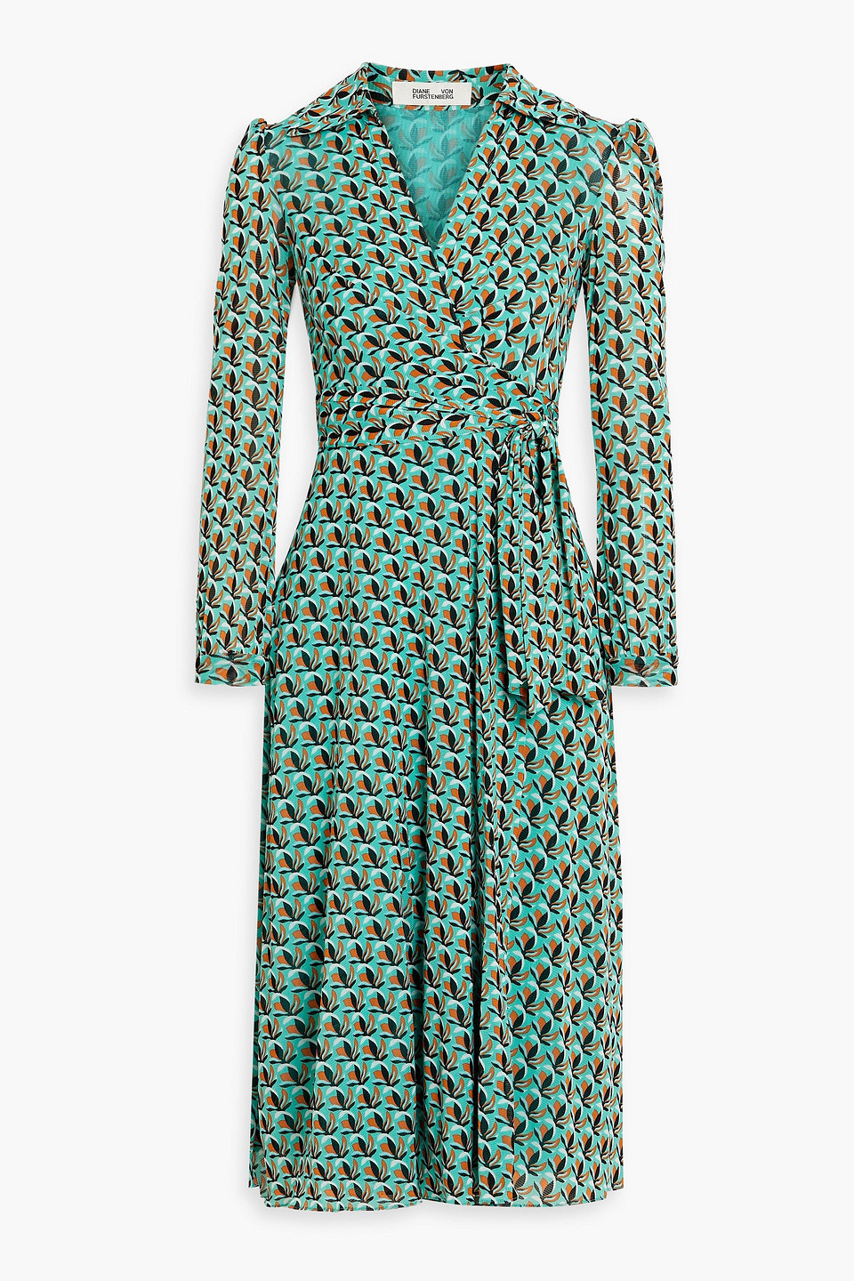 Diane Von Furstenberg Phoenix Printed Stretch-mesh Midi Wrap Dress In Turquoise