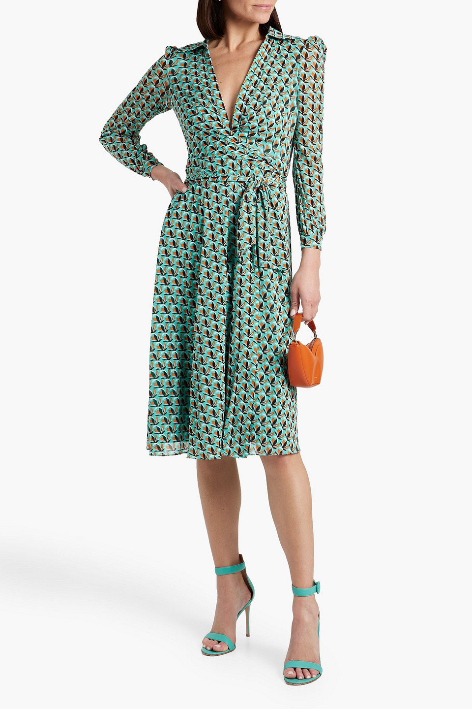 Shop Diane Von Furstenberg Phoenix Printed Stretch-mesh Midi Wrap Dress In Turquoise