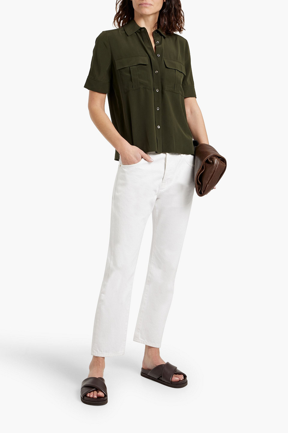 Frame Silk Crepe De Chine Shirt In Army Green