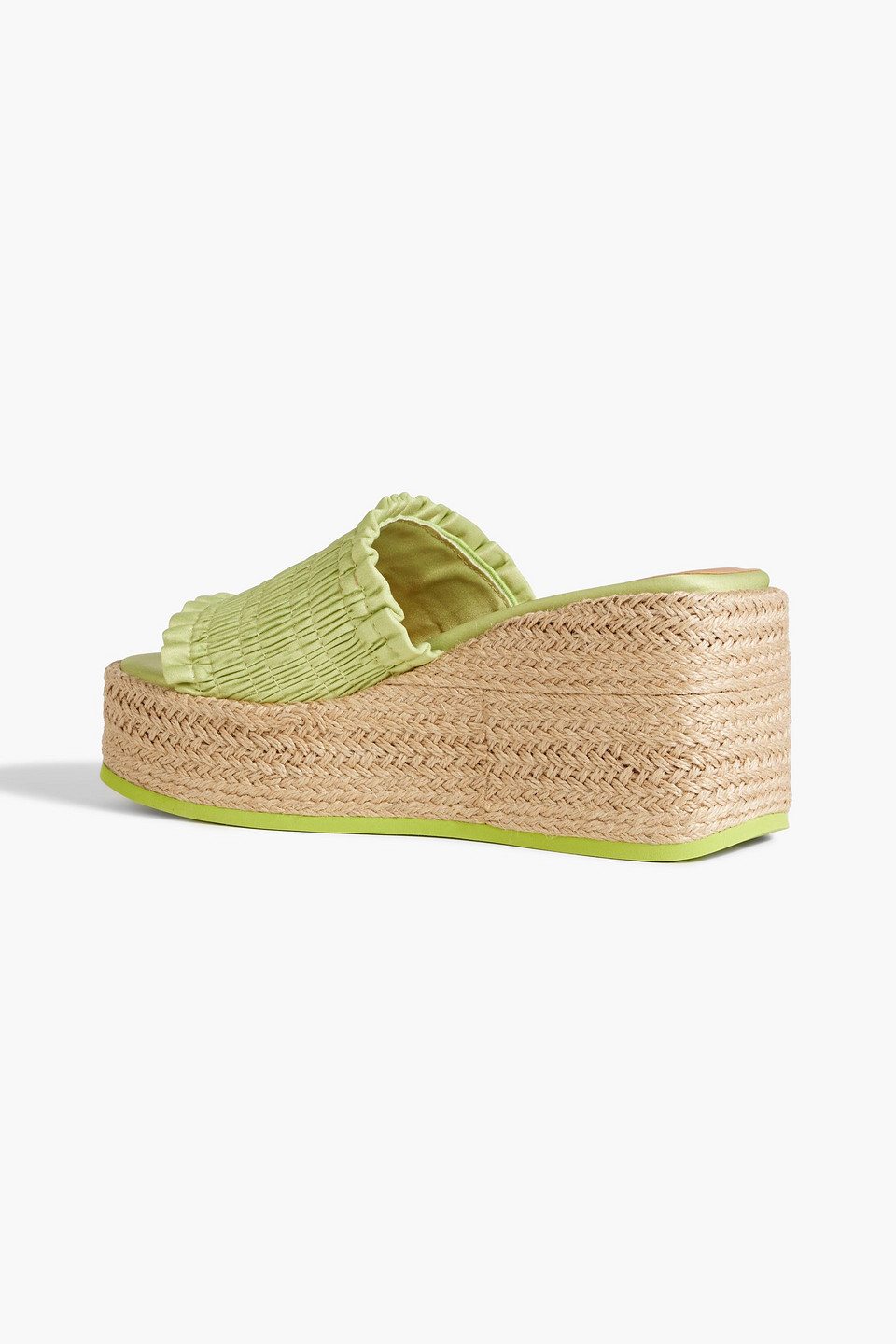 Shop Ganni Shirred Satin Espadrille Platform Sandals In Chartreuse