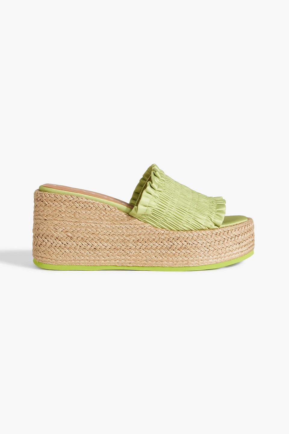 Shop Ganni Shirred Satin Espadrille Platform Sandals In Chartreuse