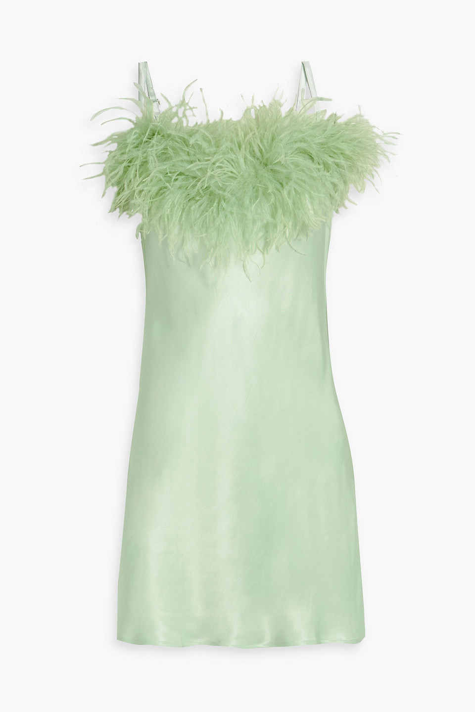 Shop Sleeper Boheme Feather-trimmed Satin Mini Slip Dress In Mint