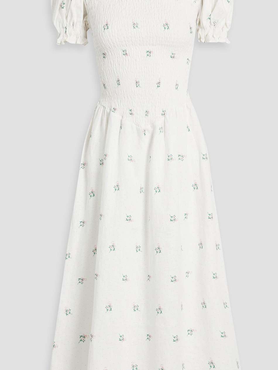 belle shirred floral-print linen midi dress