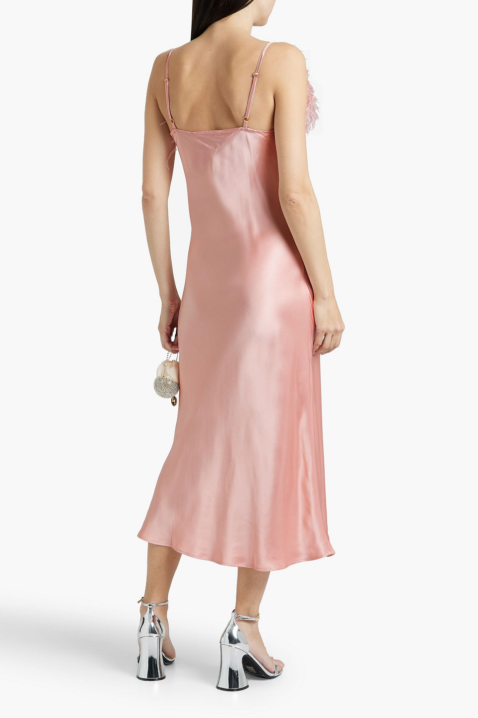 Shop Sleeper Boheme Feather-trimmed Satin Midi Slip Dress In Baby Pink