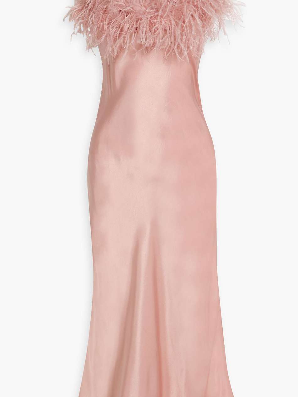 boheme feather-trimmed satin midi slip dress