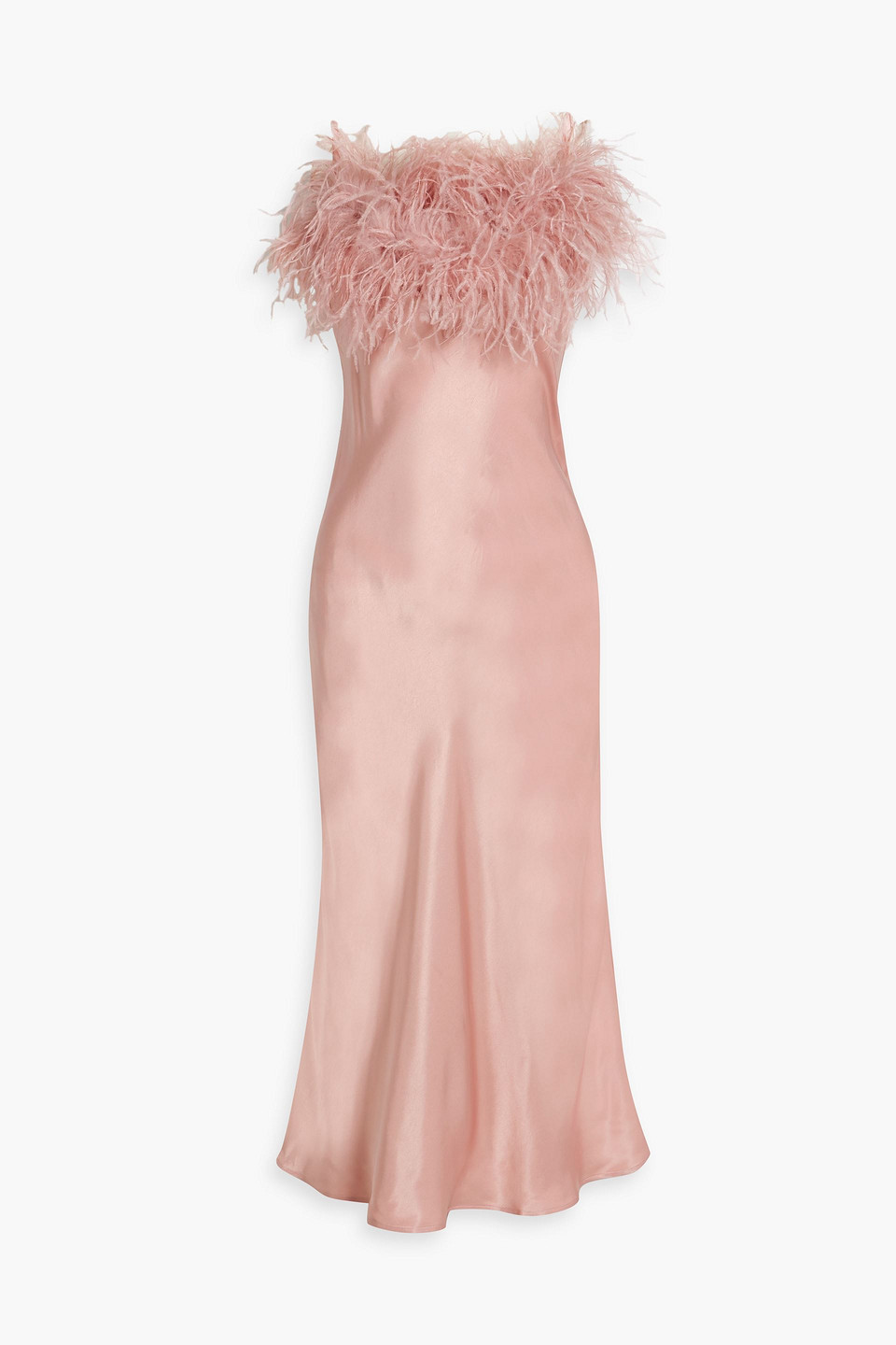SLEEPER BOHEME FEATHER-TRIMMED SATIN MIDI SLIP DRESS