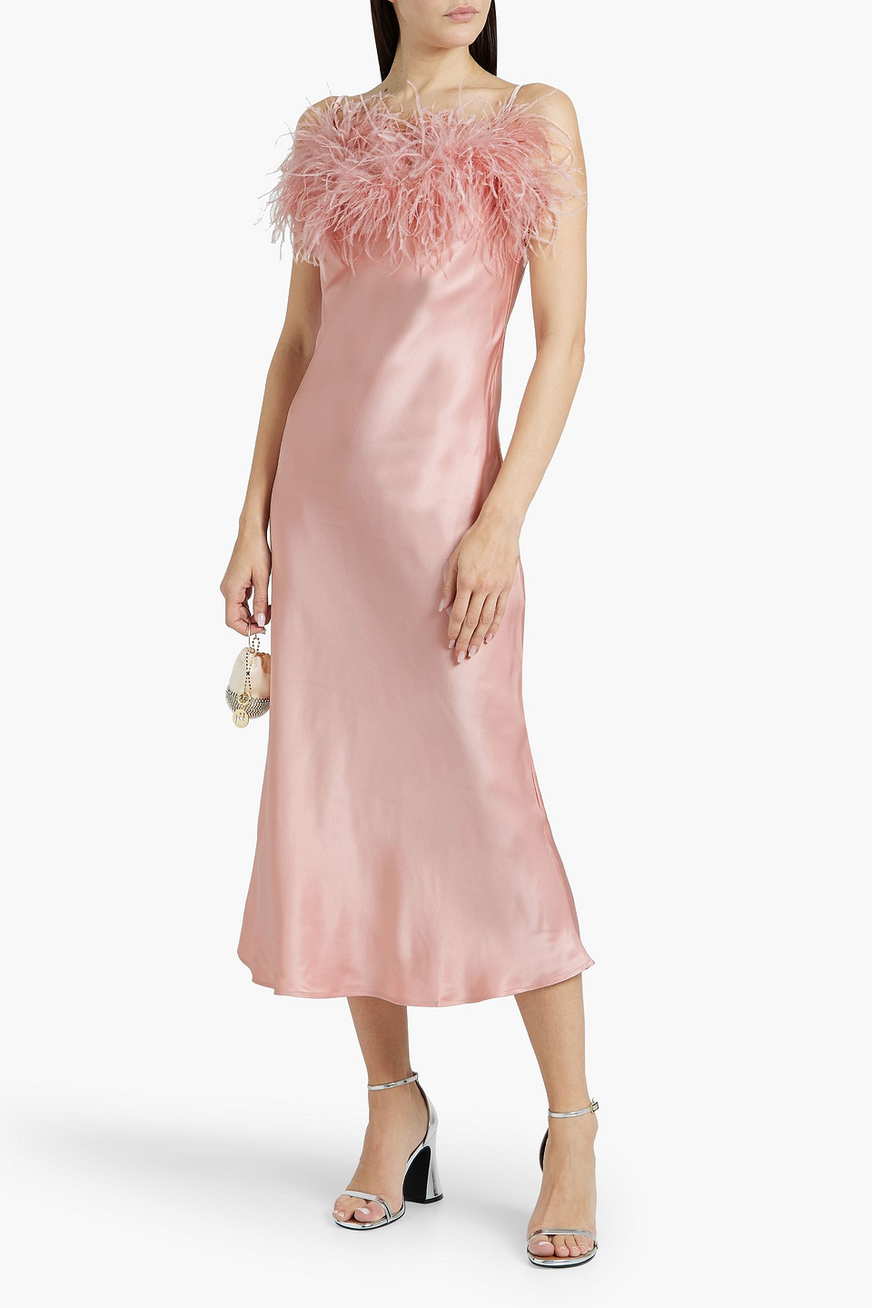 Shop Sleeper Boheme Feather-trimmed Satin Midi Slip Dress In Baby Pink