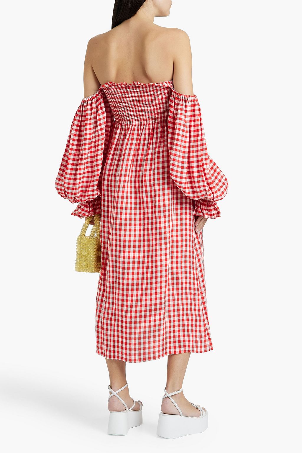 SLEEPER Atlanta off-the-shoulder shirred gingham linen-blend midi dress