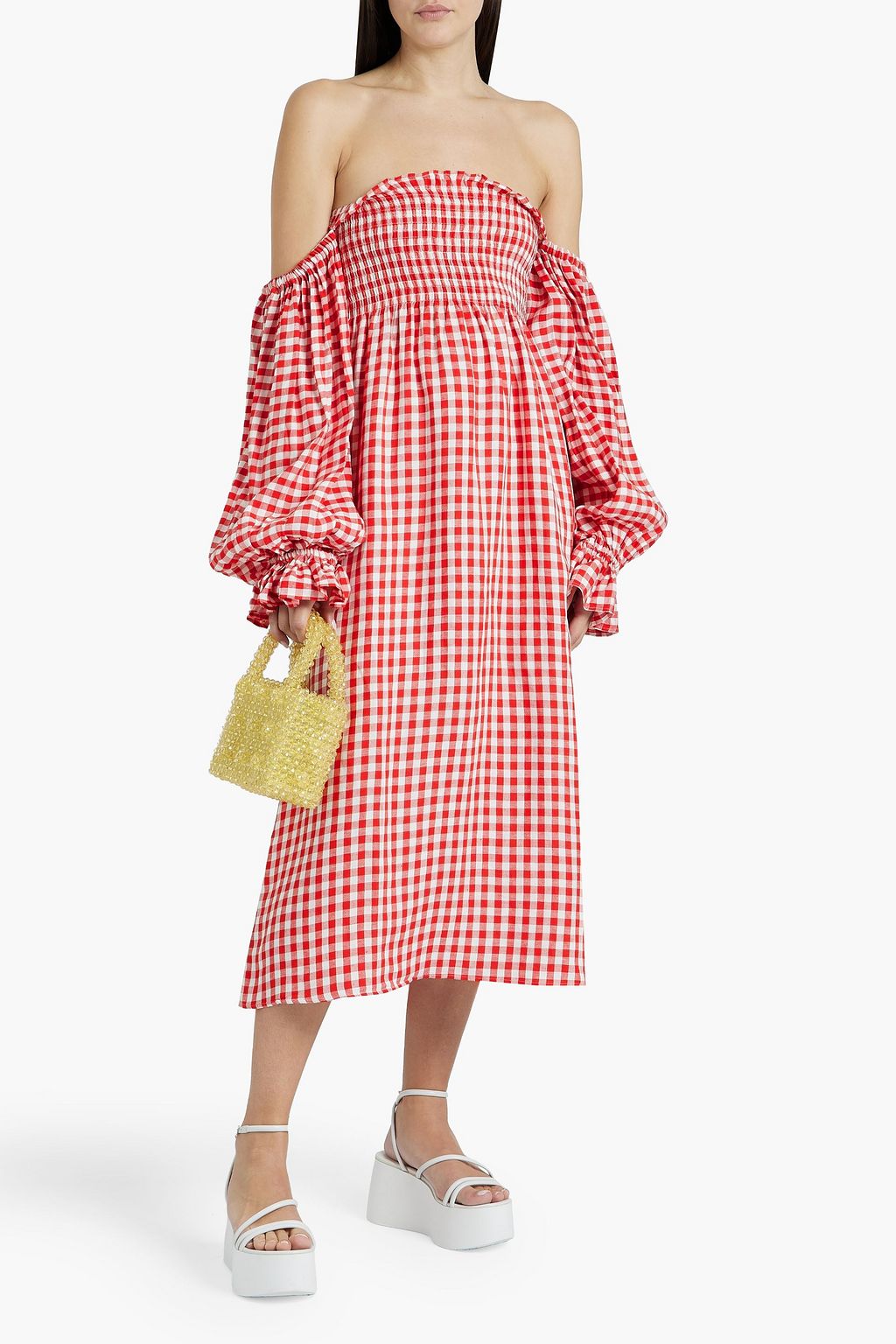 SLEEPER Atlanta off-the-shoulder shirred gingham linen-blend midi dress