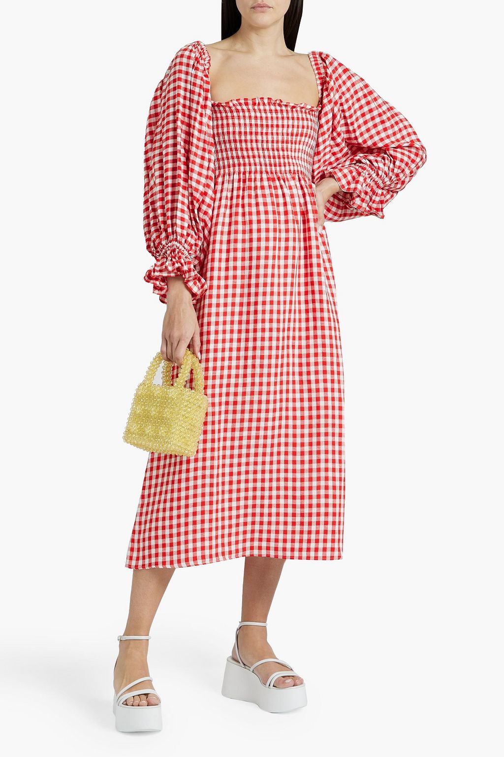 SLEEPER Atlanta off-the-shoulder shirred gingham linen-blend midi dress