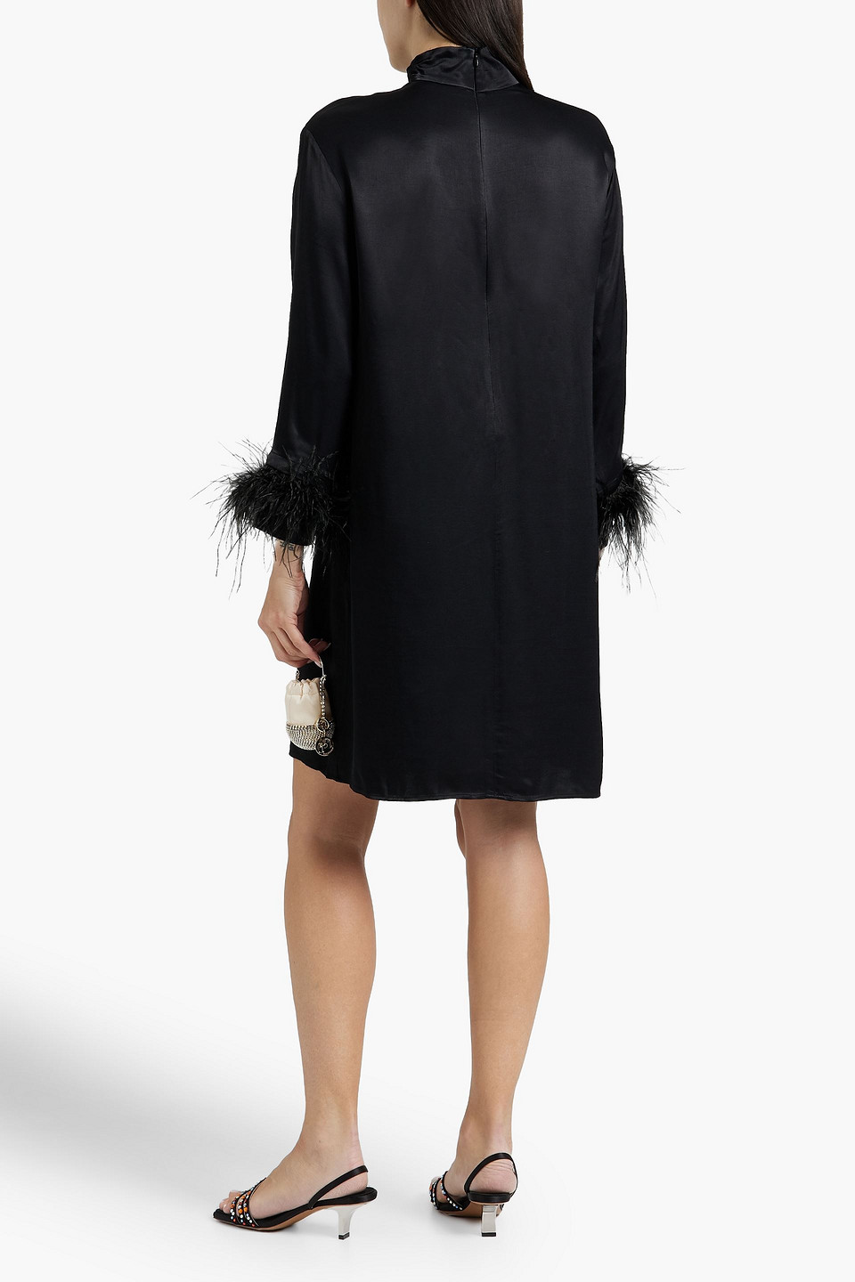 Shop Sleeper Party Feather-trimmed Satin Mini Dress In Black