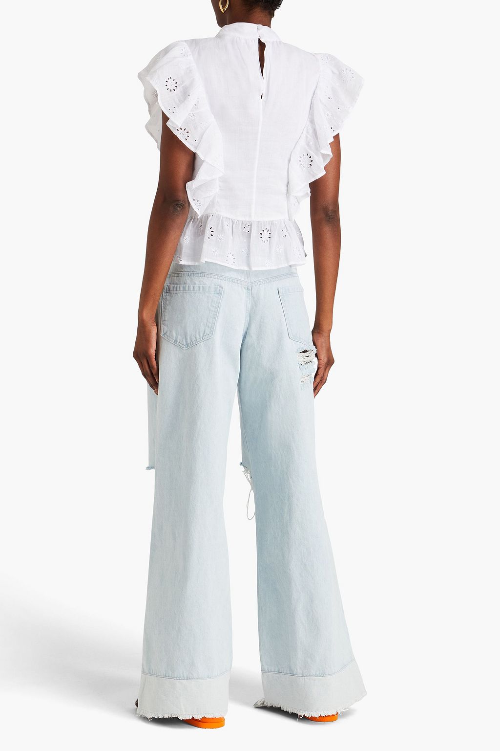 FRAME Ruffled broderie anglaise ramie top