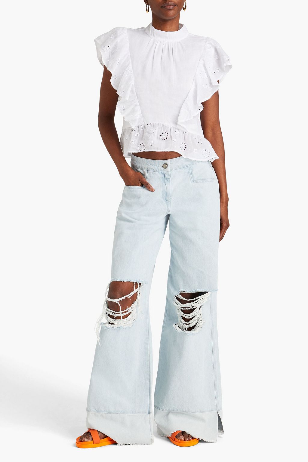 FRAME Ruffled broderie anglaise ramie top