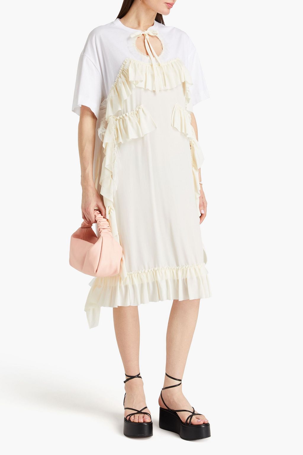 SIMONE ROCHA 러플 장식 크레퐁 패널 코튼 저지 미디 드레스