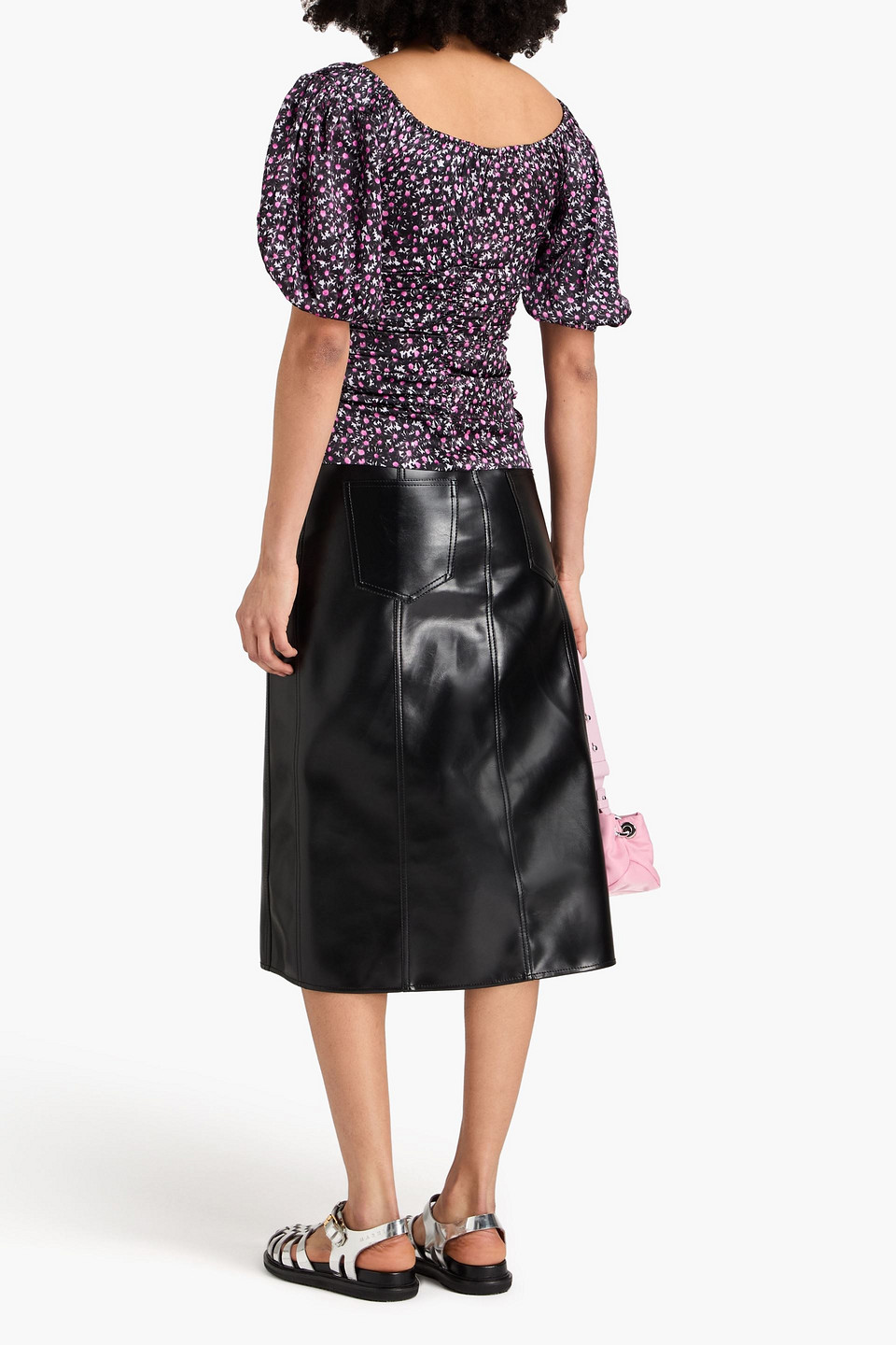 Shop Ganni Ruched Floral-print Stretch-silk Satin Top In Black